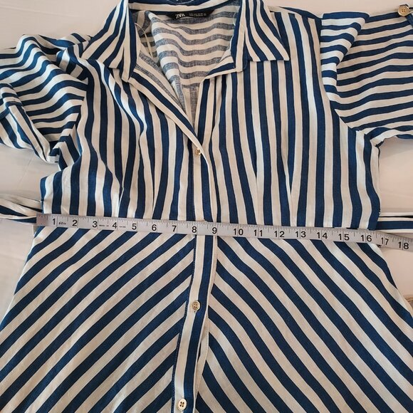 Zara Navy Blue Striped Linen Blend Belted Midi Shirt Dress Size Large - Picture 8 of 11